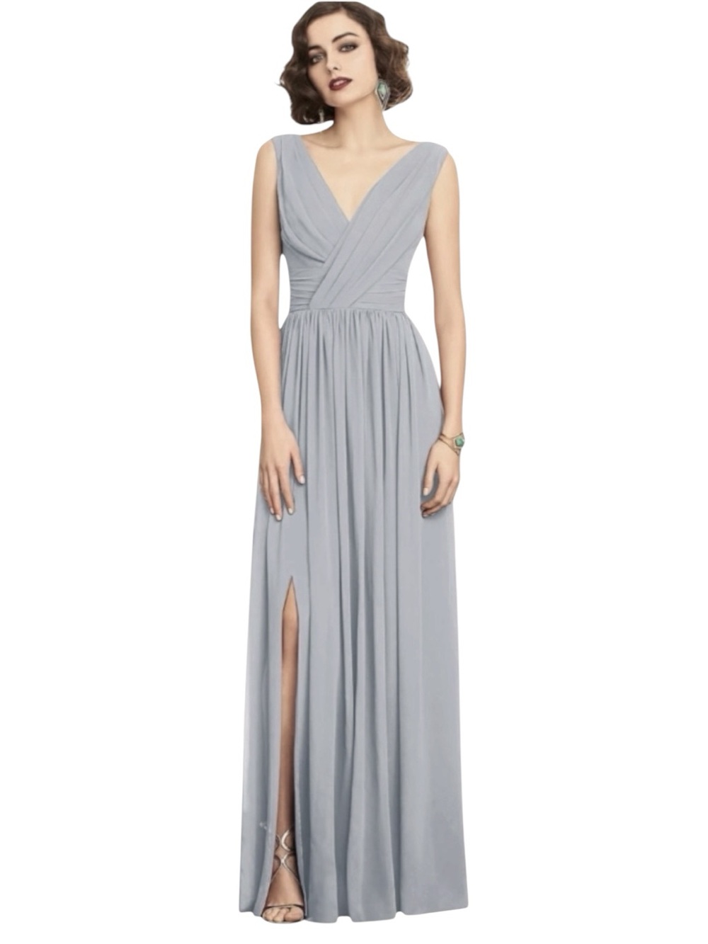 Dessy Collection Platinum Sleeveless Draped Chiffon Front Slit Maxi Dress (4)